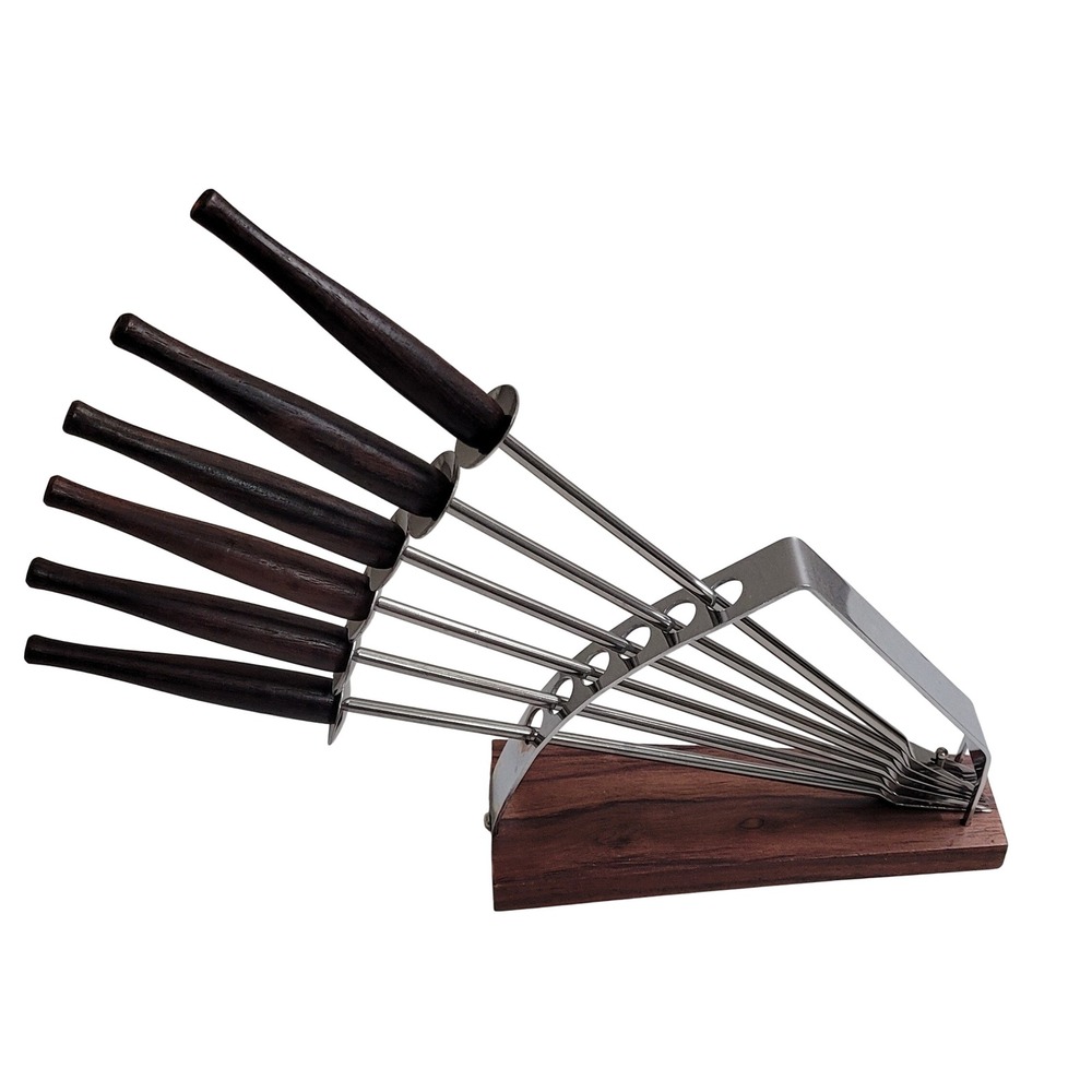 Gourmet International Fondue Fork Set Vintage Wood Chrome 6pc Stand 86-1490